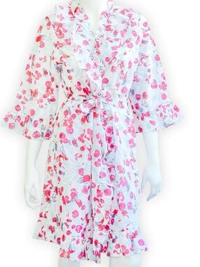 D Porthault Floral Ruffle Wrap Robe in White and Pink S